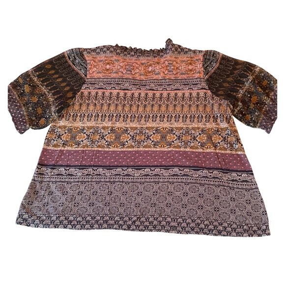 Lucky Brand Boho Patchwork Print Peasant Blouse Top L Multicolor Cotton Blend - Picture 2 of 7